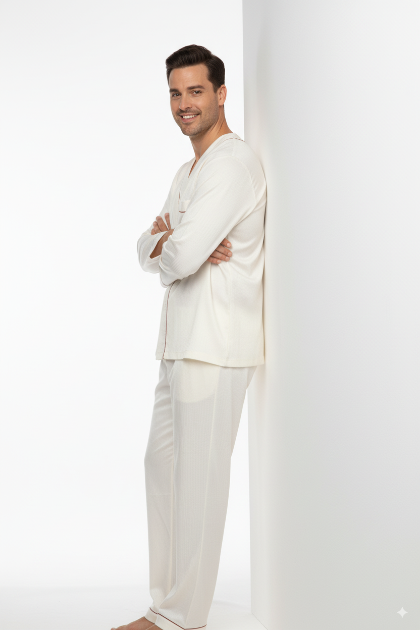 Oppland Erkek Pijama Takımı %100 İpek Kumaş Klasik Model Cepli Rahat Tam Kalıp